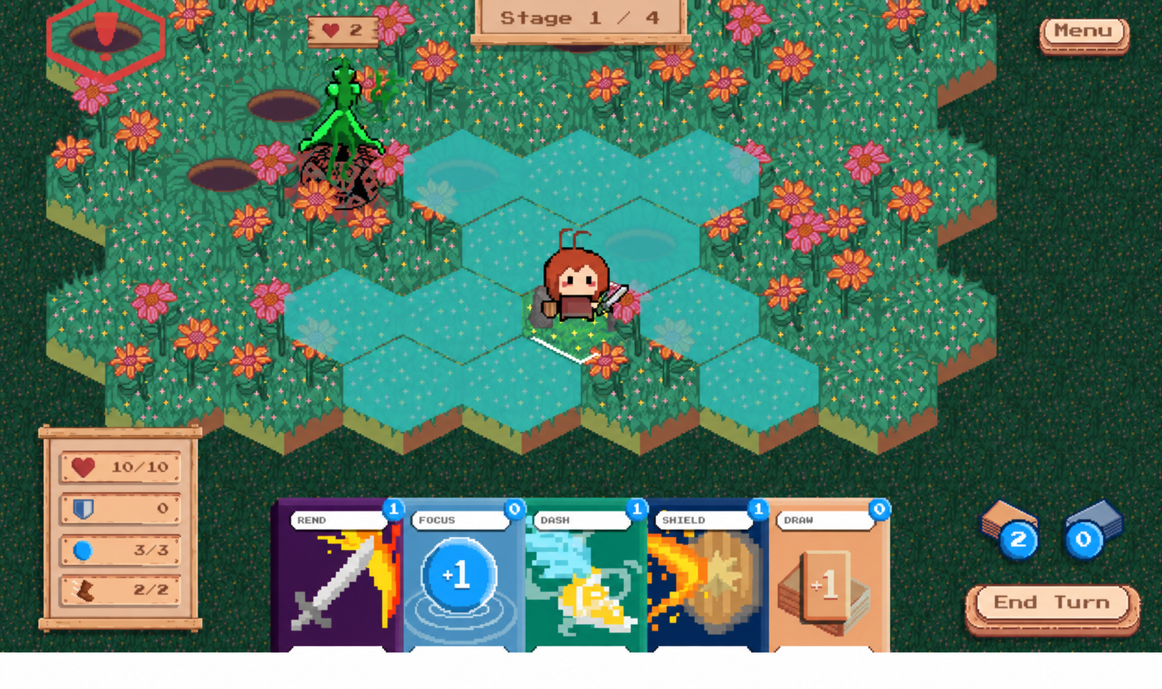 ElemAnt: a green enemy among flower-covered terrain, movement range and obstacles