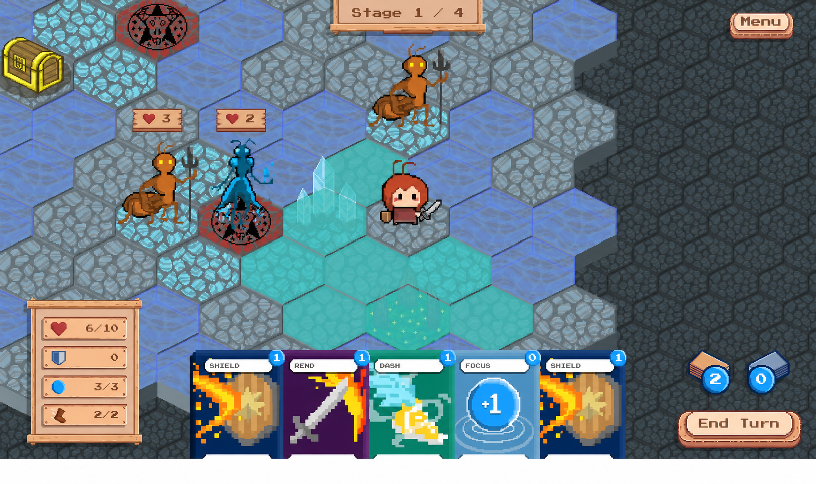 ElemAnt: an ice-blue enemy and two brown spear-carrying enemies with ice obstacles on a stone map
