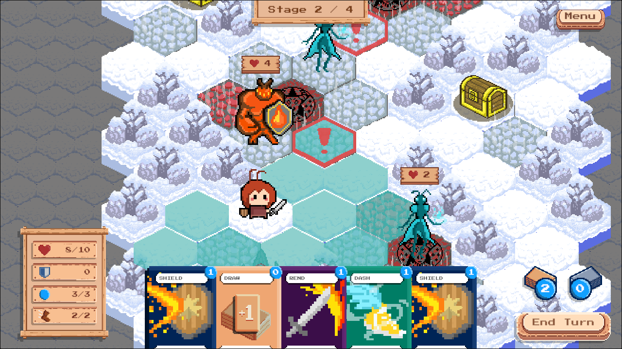 ElemAnt snowy map with an orange tank enemy, two blue caster enemies and a treasure chest