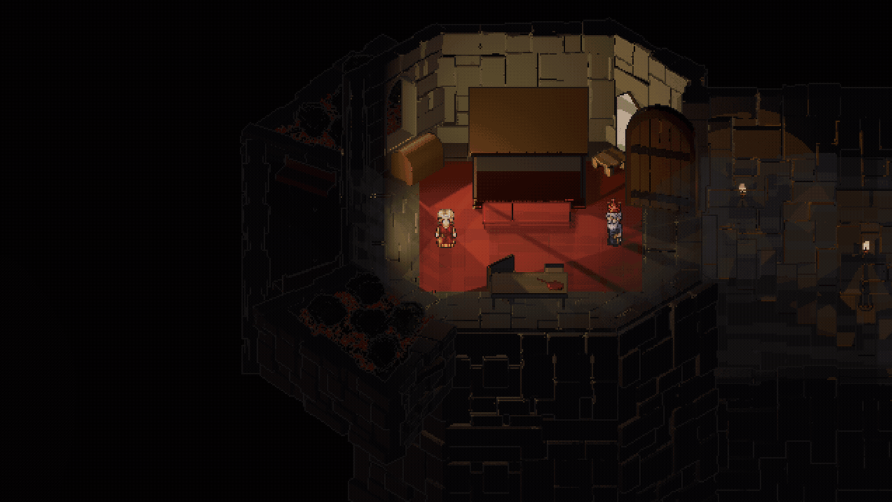 Uncrowned player character walks from a starting room onto a balcony, revealing the castle exterior in warm sunlight