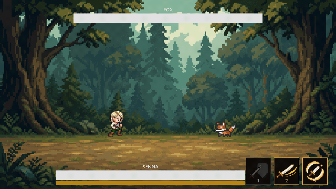 Uncrowned sword-fighting minigame: the player battles a fox with the full combat skill bar unlocked